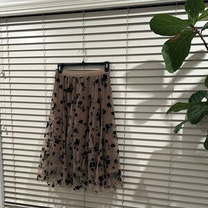 Tan Midi A-Line Skirt with Tiered Embellishments for Cocktail